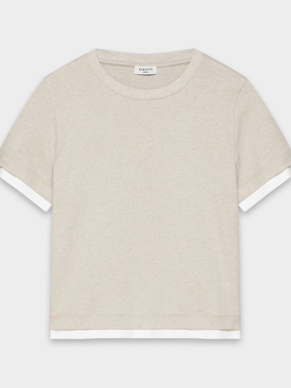 Aritzia Babaton Beige Crewneck Short Sleeve Top with White Trim